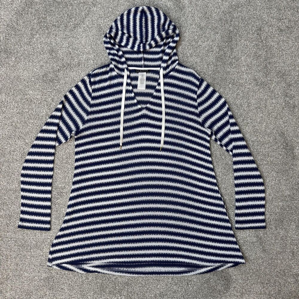 La Blanca Cover Up Womens M Blue White Striped Hooded Tunic Beach Swim Nautical
